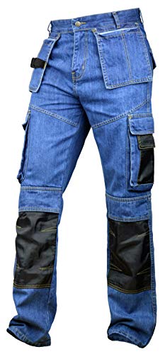 Fashio FF Men's Denim Utility Cargo Work Trousers with Knee Reinforcement and Holster Pockets