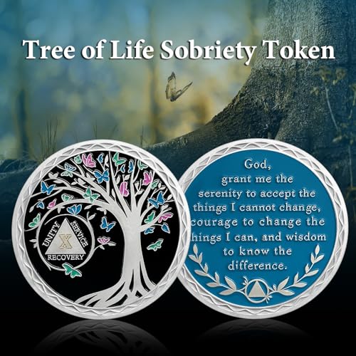 10 Year Sobriety Coin - Recovery Butterfly Tree of Life AA Coins - Ten Year AA Chips and Medallions - Alcoholics Anonymous Gifts for Men Women