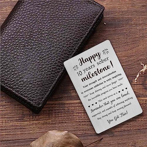 10-Year Sobriety Gifts - Engraved Metal Card for Men and Women