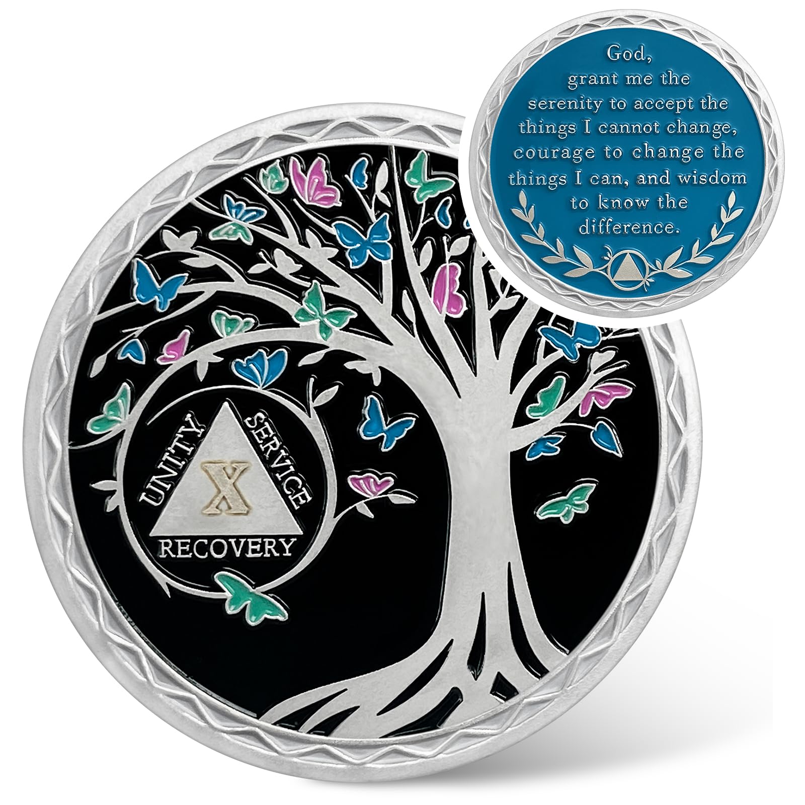 10 Year Sobriety Coin - Recovery Butterfly Tree of Life AA Coins - Ten Year AA Chips and Medallions - Alcoholics Anonymous Gifts for Men Women