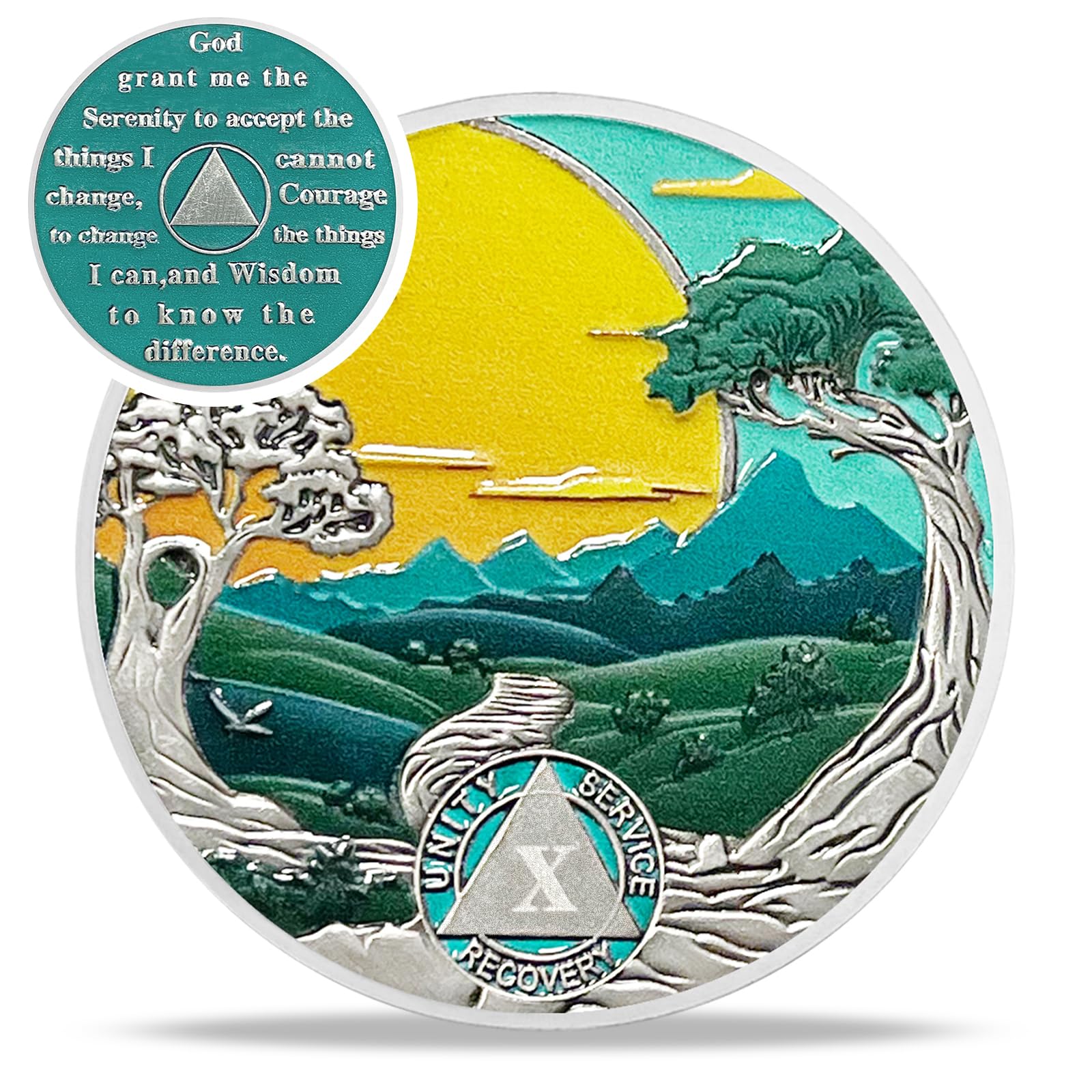 Green Forest 10-Year Sobriety Coin - AA/NA Recovery Medallion for Men and Women