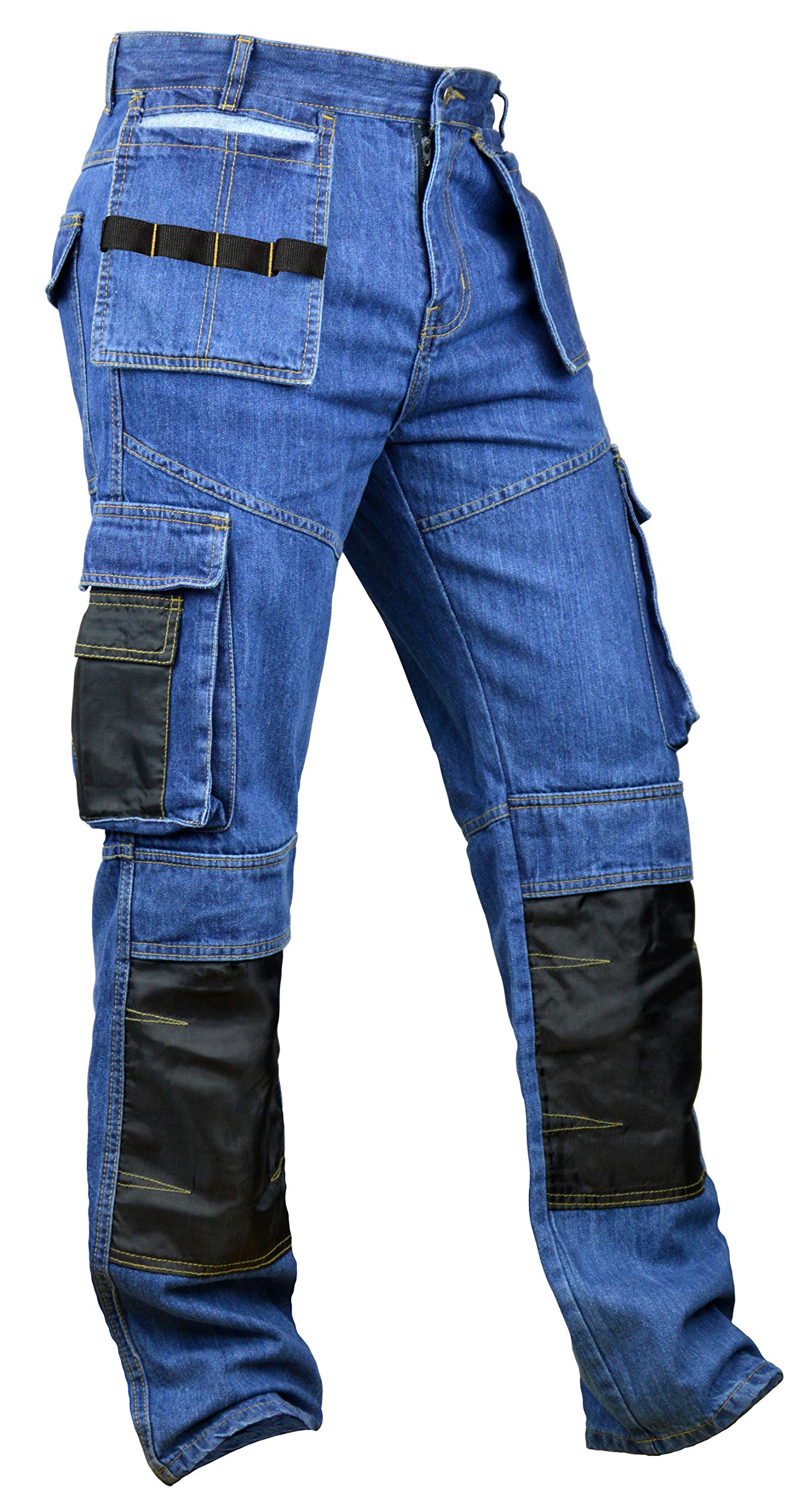 Fashio FF Men's Denim Utility Cargo Work Trousers with Knee Reinforcement and Holster Pockets